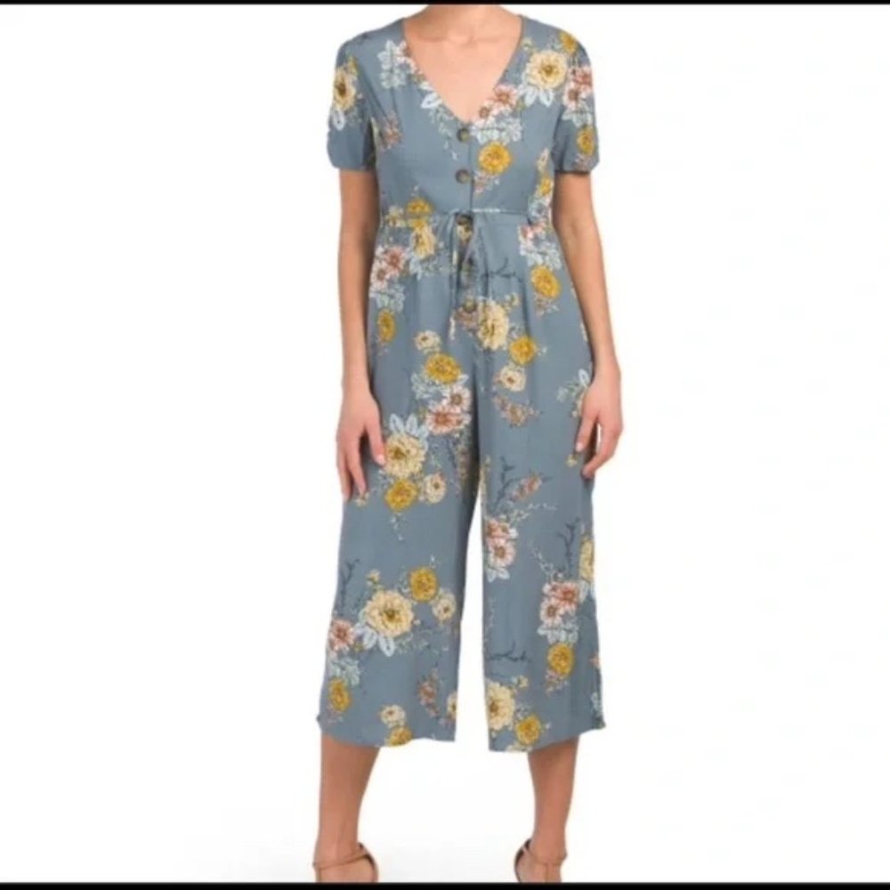 BAND OF GYPSIES Floral Boho Cropped Jumpsuit V-neck Button Front Womens Small
